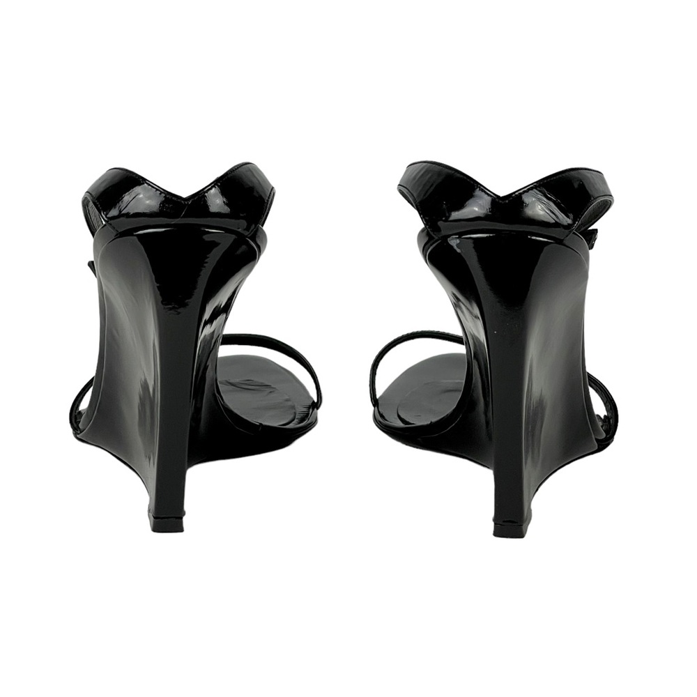 SERGIO ROSSI VERNICE PATENT LEATHER BLACK OBLIQUE TOE ANKLE STRAP WEDGE HEELS - Picture 7 of 13